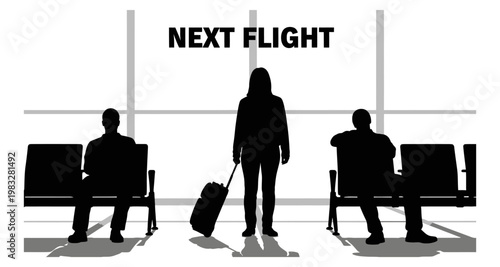 Silhouette of traveler with luggage waiting during departure at airport gate with next flight sign