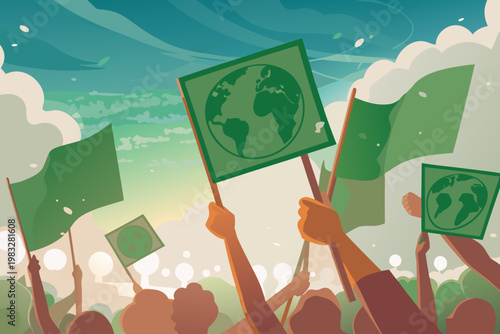 Environmental protest with activists holding green