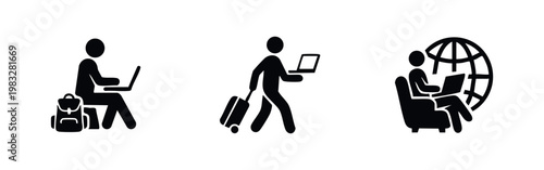 Remote work icon set: person with laptop, traveler with laptop, person with laptop globally