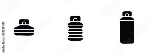 Three black icons related to coffee: a coffee scoop, coffee pods, and a coffee bean grinder hopper.