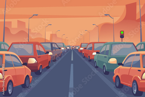 Massive urban traffic jam during rush hour scene w