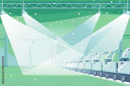 Factory night shift with lights illuminating produ