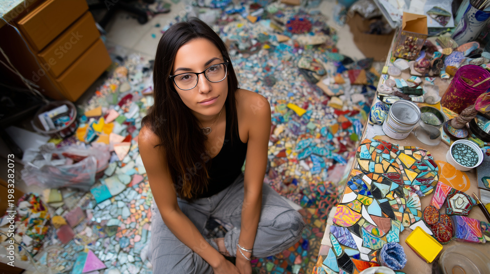 Fototapeta premium Young Latina mosaic artist photographed from above surrounded by colorful tile fragments, creative chaos and order, bright April light from skylight