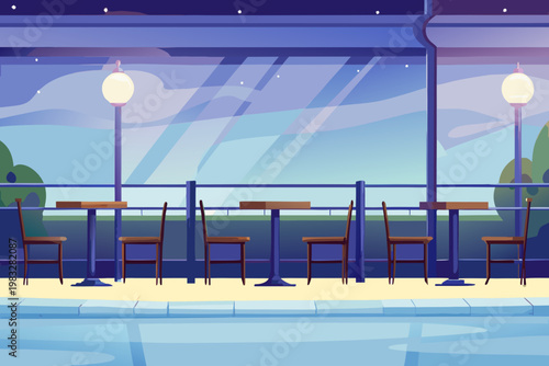 Final scene quiet café after closing with empty ta