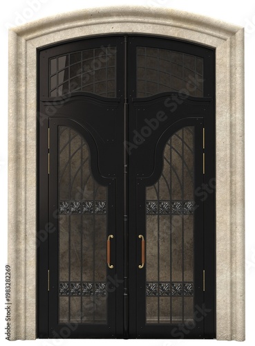 Elegant double arched entrance door with decorative glass and wrought iron details