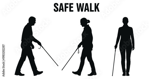 Silhouettes of diverse individuals walking with white canes for safe navigation