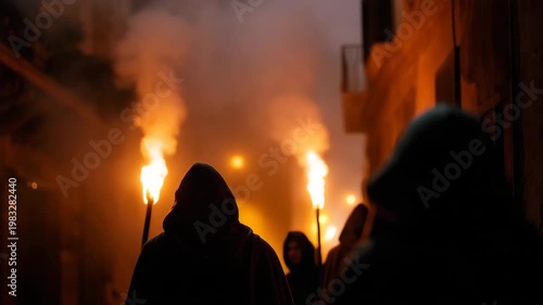 Hooded crowd with torches at night, mysterious procession in historic street, dramatic firelight silhouettes, dark ritual atmosphere, cinematic scene hooded crowd