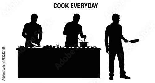 Silhouettes of men cooking and preparing food at a counter and with a pan
