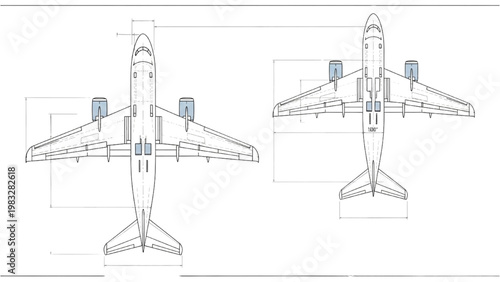 Detailed vector 2D CAD drawings of airplane in flight and on ground