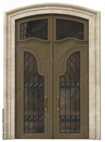 Elegant double arched entrance door with decorative glass and wrought iron details