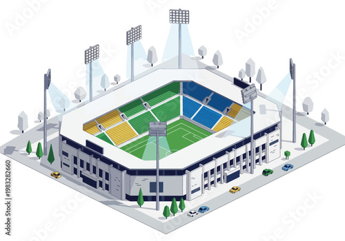 Isometric view of a modern sports stadium with floodlights and surrounding urban infrastructure.