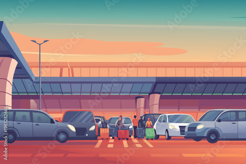 Traffic jam at airport drop off area with cars lin