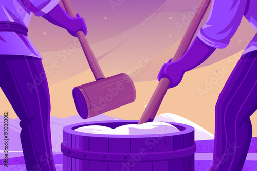 Making mochi using wooden mallet and rice dough in