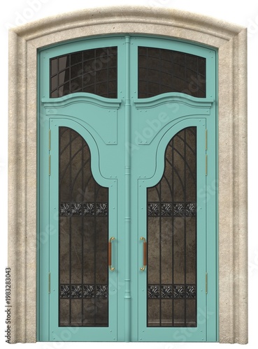 Elegant double arched entrance door with decorative glass and wrought iron details