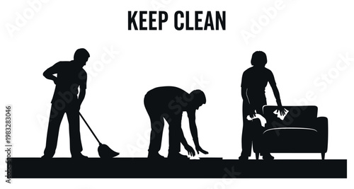 Silhouettes of people cleaning and tidying a room with brooms and cloths