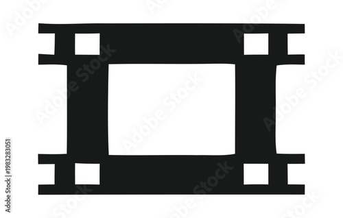A stark black and white image of a film strip frame showcasing a rectangular silhouette with sprocket holes evoking cinematic nostalgia