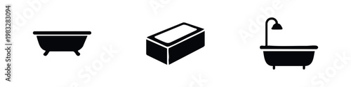 Three bathtub icons, a clawfoot tub, a modern tub, and a tub with shower, black silhouettes