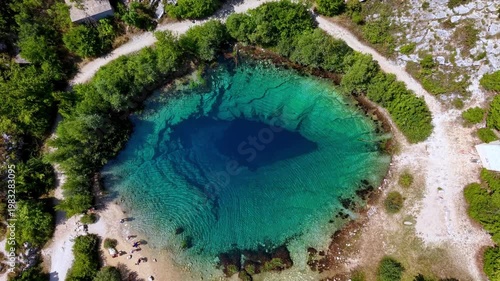 Aerial top view of the Eye of the Earth, the Cetina River spring in Croatia, with deep blue and turquoise crystal clear water