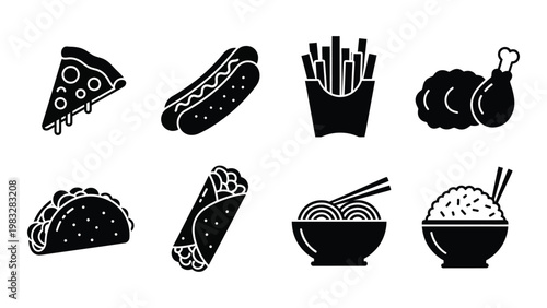 A collection of black silhouette icons representing various fast food and meal options high quality professional