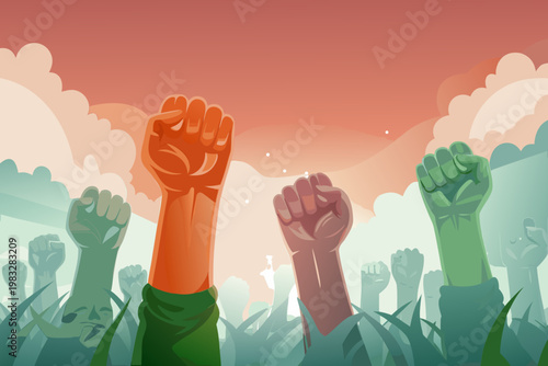 People raising fists in air showing strength and d