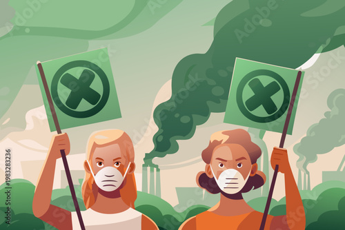 Protest against pollution with masks and signs hig