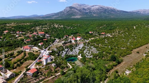 Aerial panoramic view of the Eye of the Earth, the source of the Cetina River in Croatia