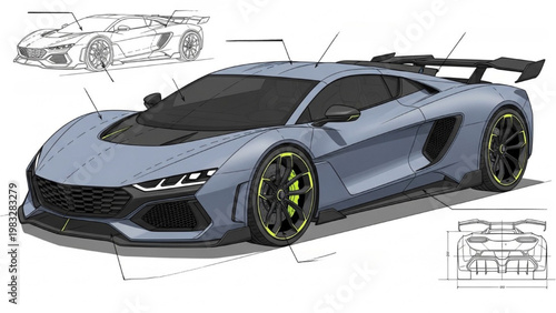 Vector 2D CAD illustration of a sleek sports car with detailed technical drawings nearby