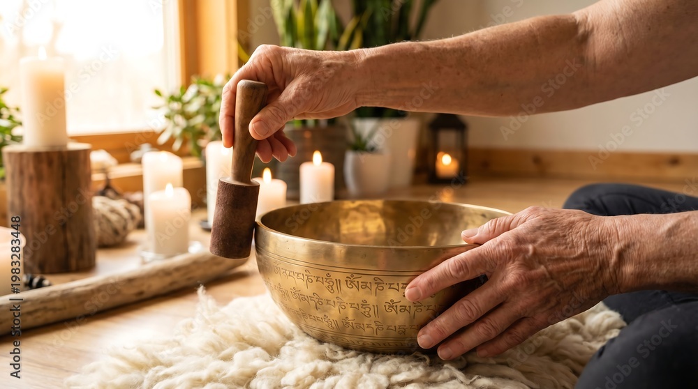 Fototapeta premium Hands Playing Tibetan Singing Bowl in Yoga Studio