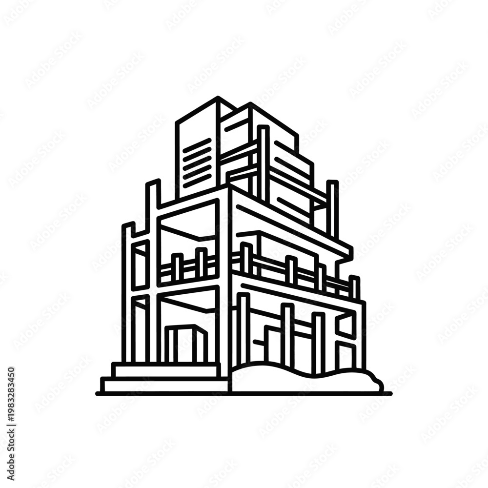 Naklejka premium Abstract line art of a complex multi-level modern building structure on an isolated white background.