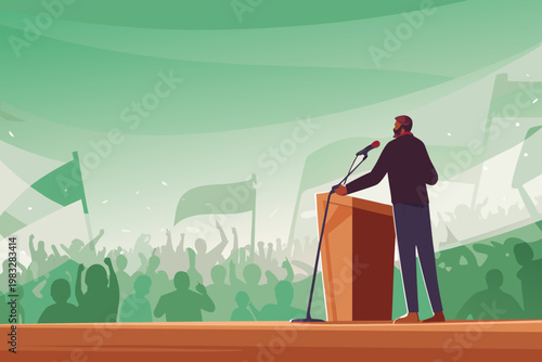 Rally with loudspeakers and leader giving speech t