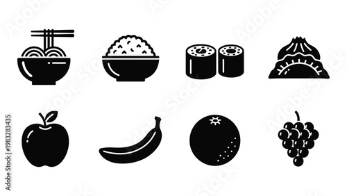 Black and white icon set depicting various foods including sushi ramen fruits and dumplings high quality