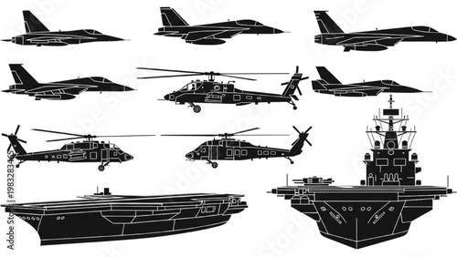 Vector 2D CAD designs of military aircraft and naval ships