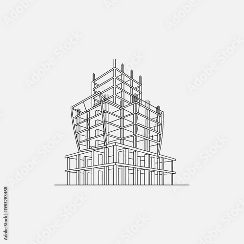 Detailed line art of a multi-story building construction framework on an isolated white background.