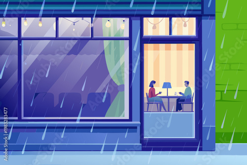 Rainy day café window view with people sitting ins