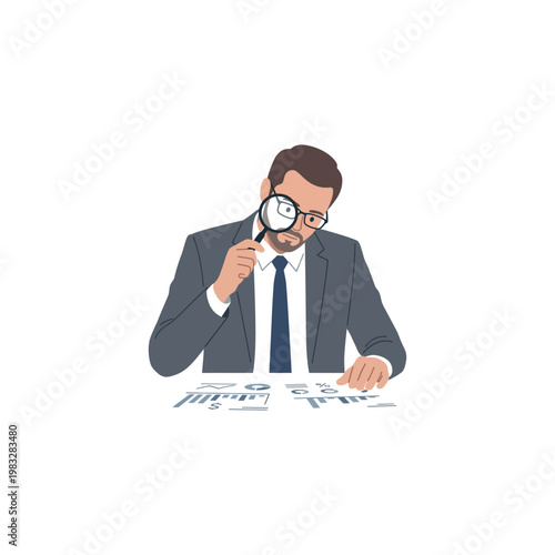 Businessman Examining Documents with Magnifying Glass.