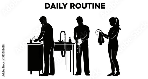 Silhouettes of people performing daily dishwashing tasks in a kitchen sink