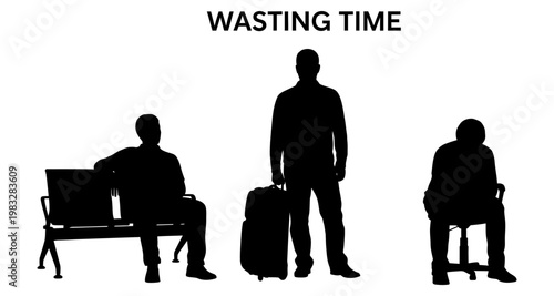 Silhouettes of people waiting during a long delay with luggage and seating
