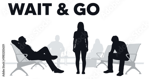 Silhouettes of people waiting in a minimalist modern airport terminal with seating