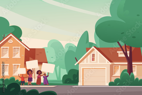 Small community protest in neighborhood street wit