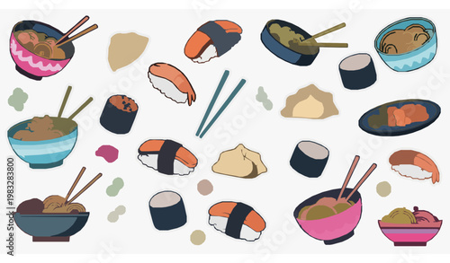 Colorful retro Asian food sticker collection vector ramen sushi noodles Japanese Chinese dishes