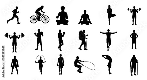 Collection of people exercising and playing sports.
