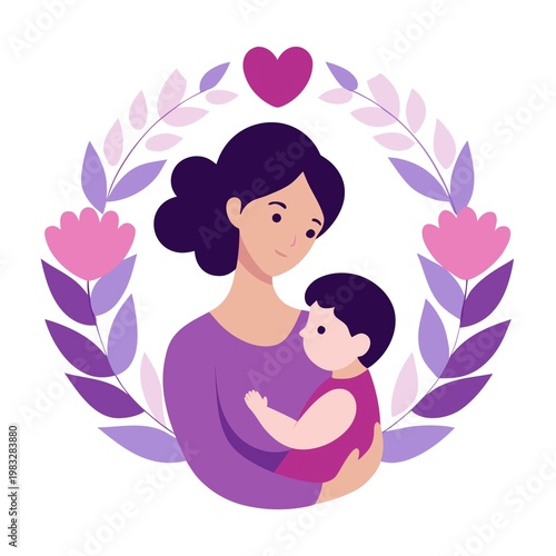 Mother holding baby tender embrace floral wreath heart.