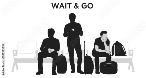 Silhouettes of travelers waiting with luggage in a departure lounge during the day