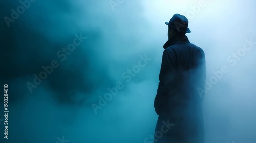Lone noir figure in dense fog, cinematic man in dark coat and hat, mysterious silhouette in mist, thriller atmosphere, anonymous character background lone figure, noir silhouette