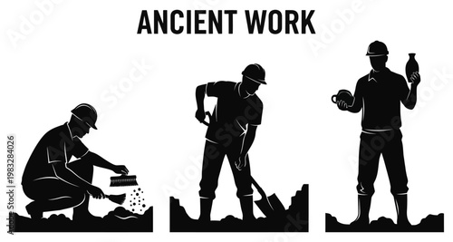 Silhouettes of workers performing archaeological excavation and discovery of ancient artifacts