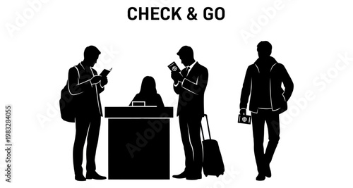 Travelers checking in at an airport counter with luggage and passports during departure
