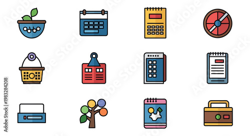 Colorful icons of office supplies.