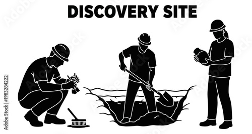 Archaeologists excavating a discovery site with tools and artifacts in silhouette