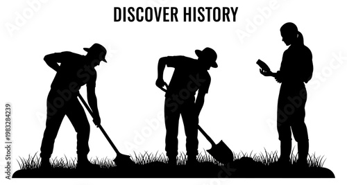 Archaeologists excavating soil with shovels and tablet during discovery
