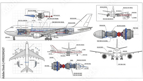 Detailed vector 2D CAD diagrams showcase airplane components and structure